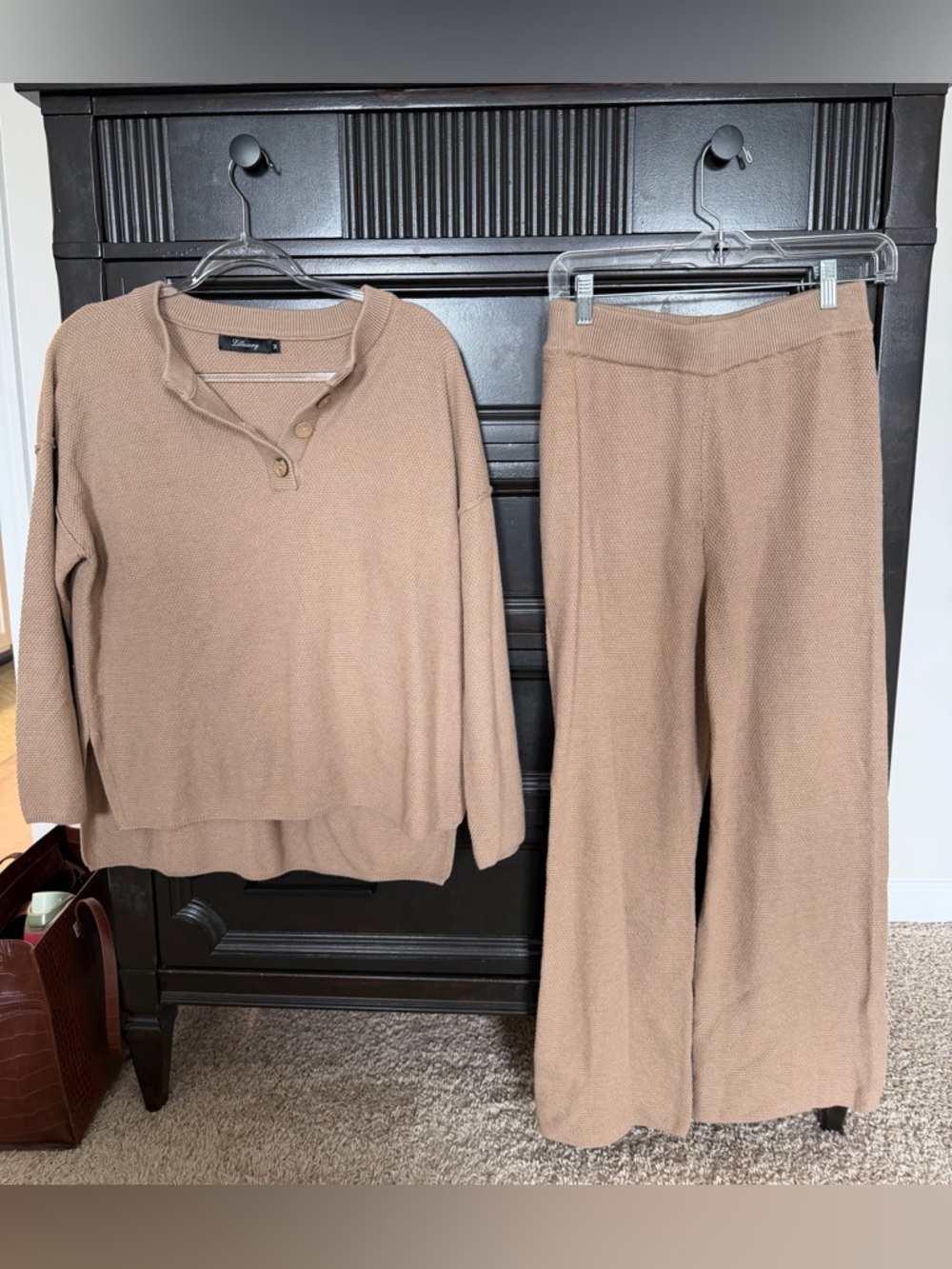 Wide-Leg Knit Pant Set in Tan - Casual Two-Piece Lounge Outfit